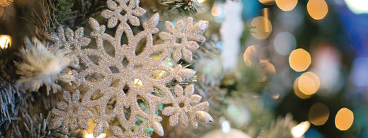 A close up shot of Christmas decorations on a Christmas tree