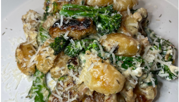 Emma’s Pan-fried sausage gnocchi with broccoli in a creamy cheese sauce 